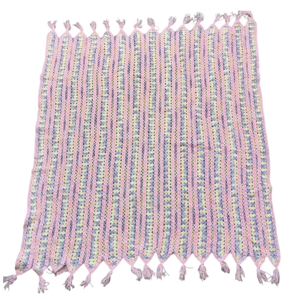 Vintage Afghan Throw Blanket Crochet Handmade Striped Baby Pink‎ Pastels 55x49"